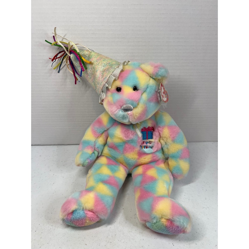 Ty Beanie Buddies Happy Birthday Bear Pastel Harlequin Plush 14 Inch 3663